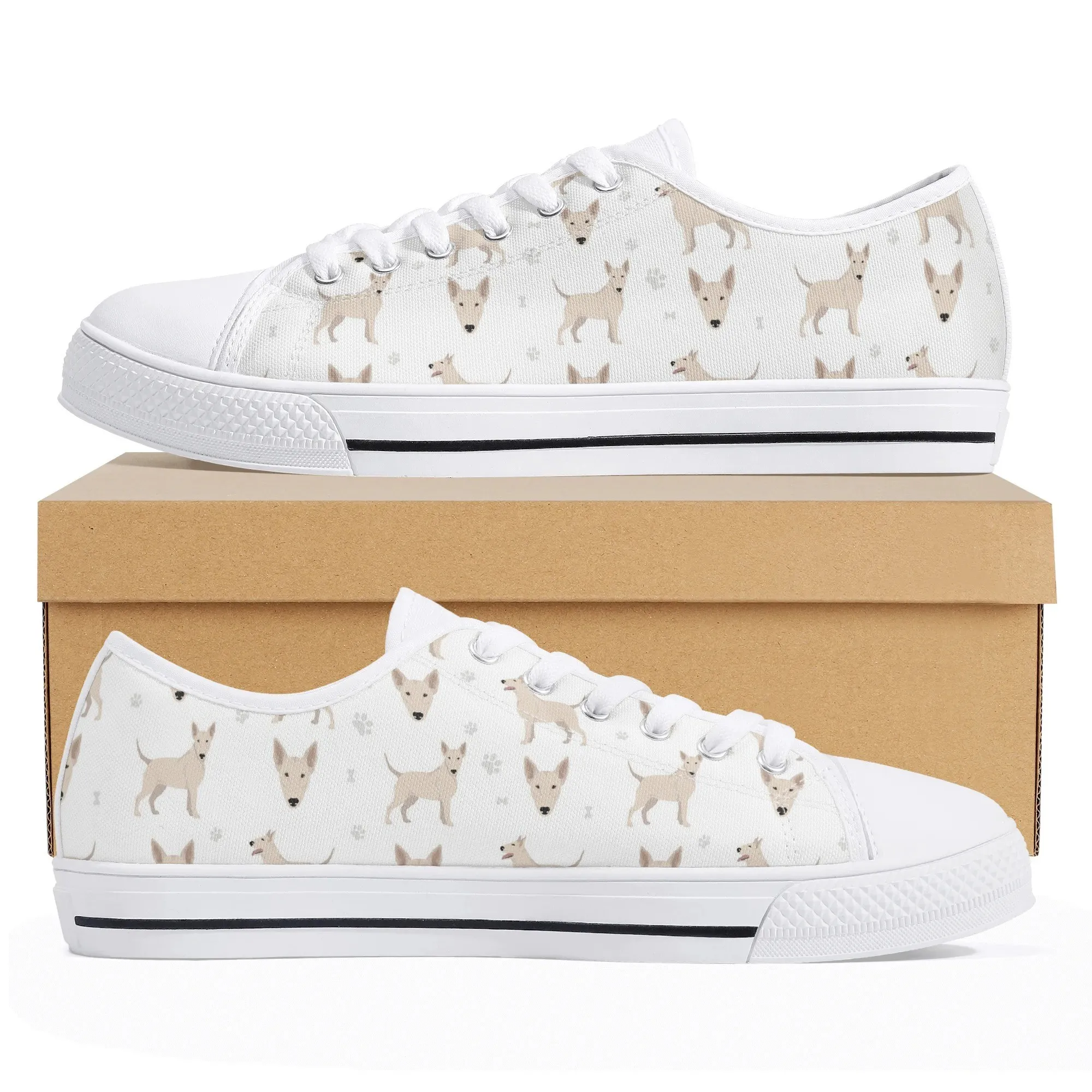 Bull Terrier Dog Print Canvas Shoes, Women's Low Top Terrier Sneakers, Men's Tan Puppy Pattern Casual Rubber Sole Trainer Gift