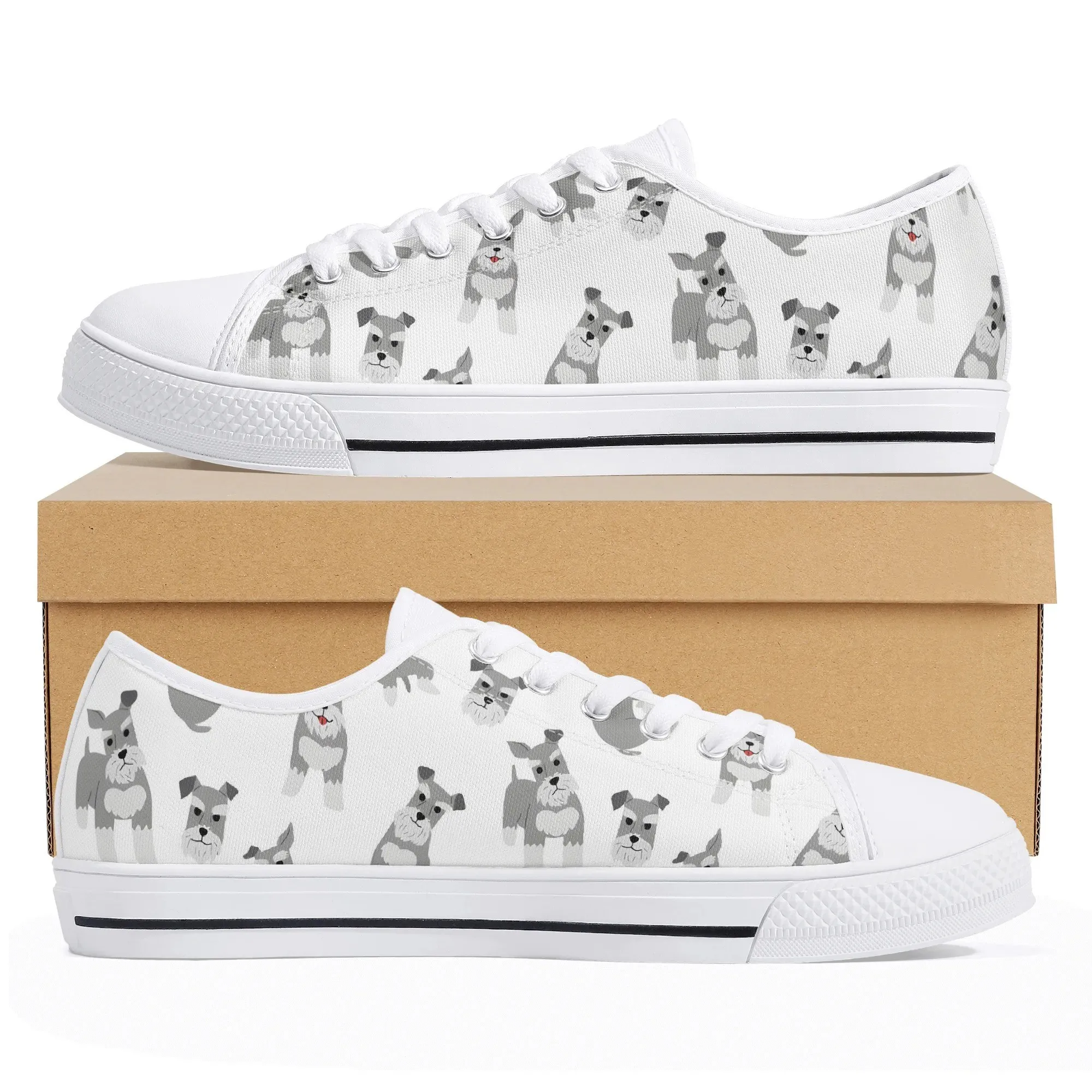 Schnauzer Print Canvas Shoes, Women's Low Top Pepper Salt Dog Sneakers, Men's Terrier Trainer, Grey Puppy Pattern Lover Gift
