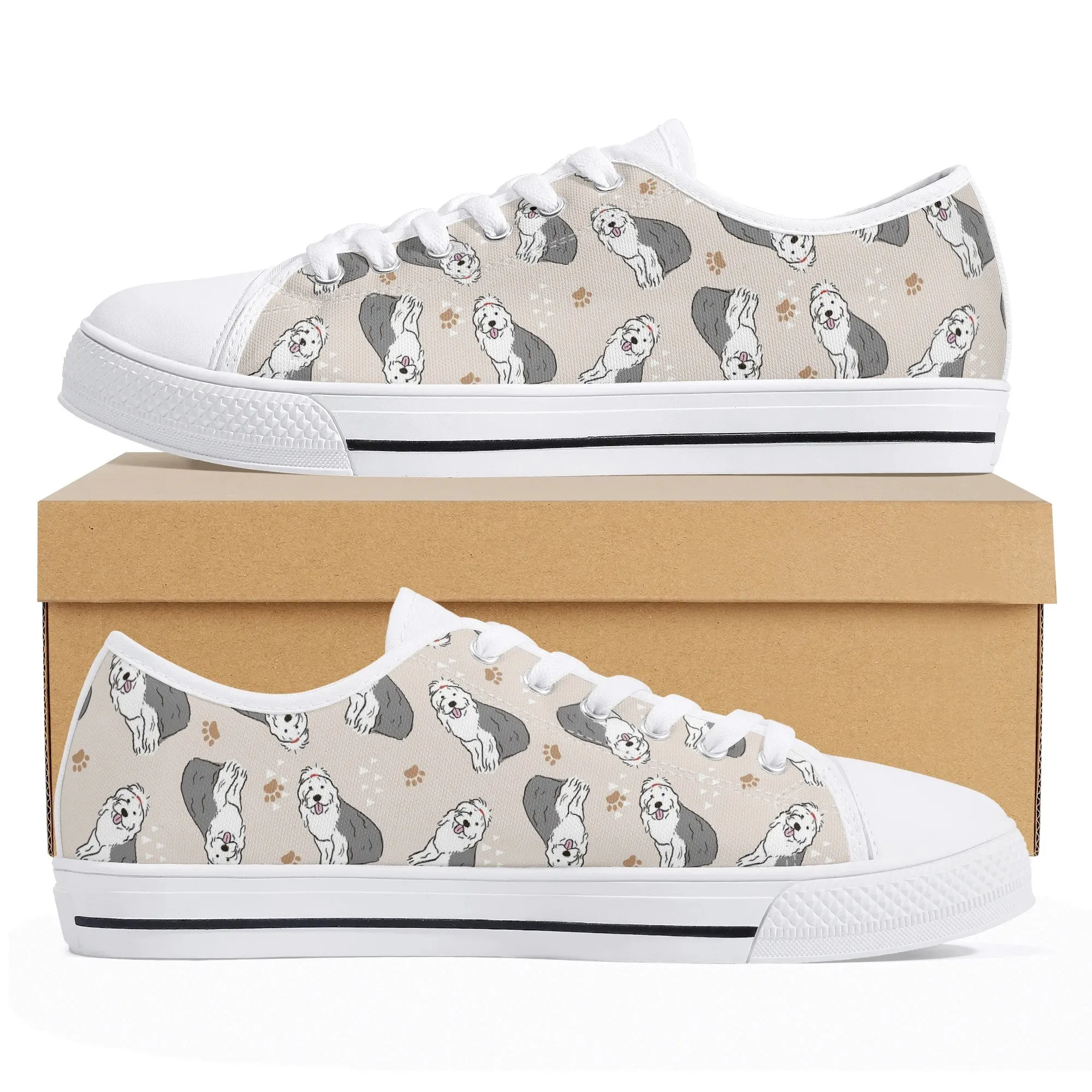 Old English Sheepdog Canvas Shoes, Low Top OES Print Sneakers, Bobtail Dog Trainer Gift, Fluffy Puppy Pattern Casual Unisex Shoe