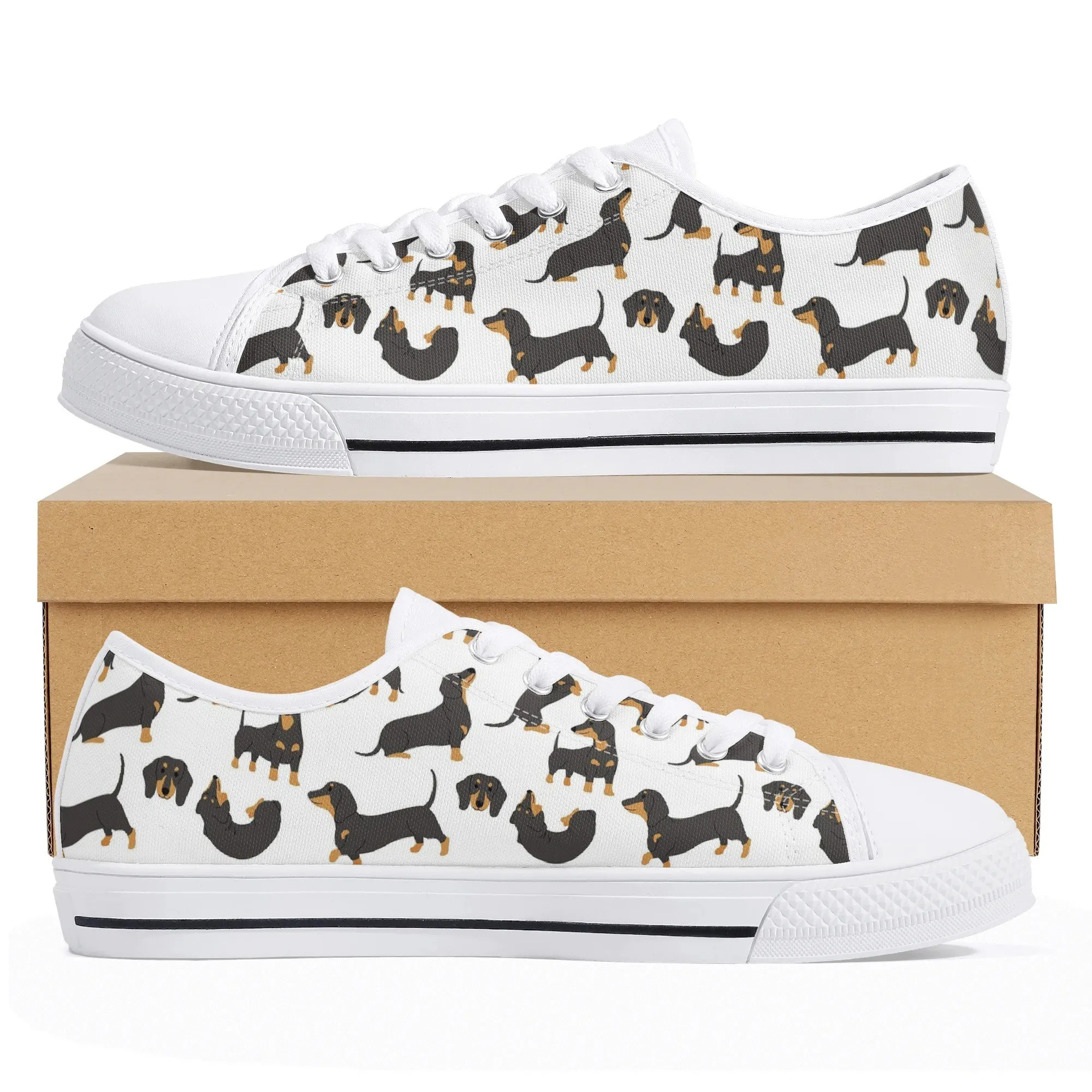 Black Tan Dachshund Canvas Shoes, Women's Low Top Weiner Dog Sneakers, Men's Sausage Dog Gift, Doxie Pattern Casual Rubber Sole Trainer