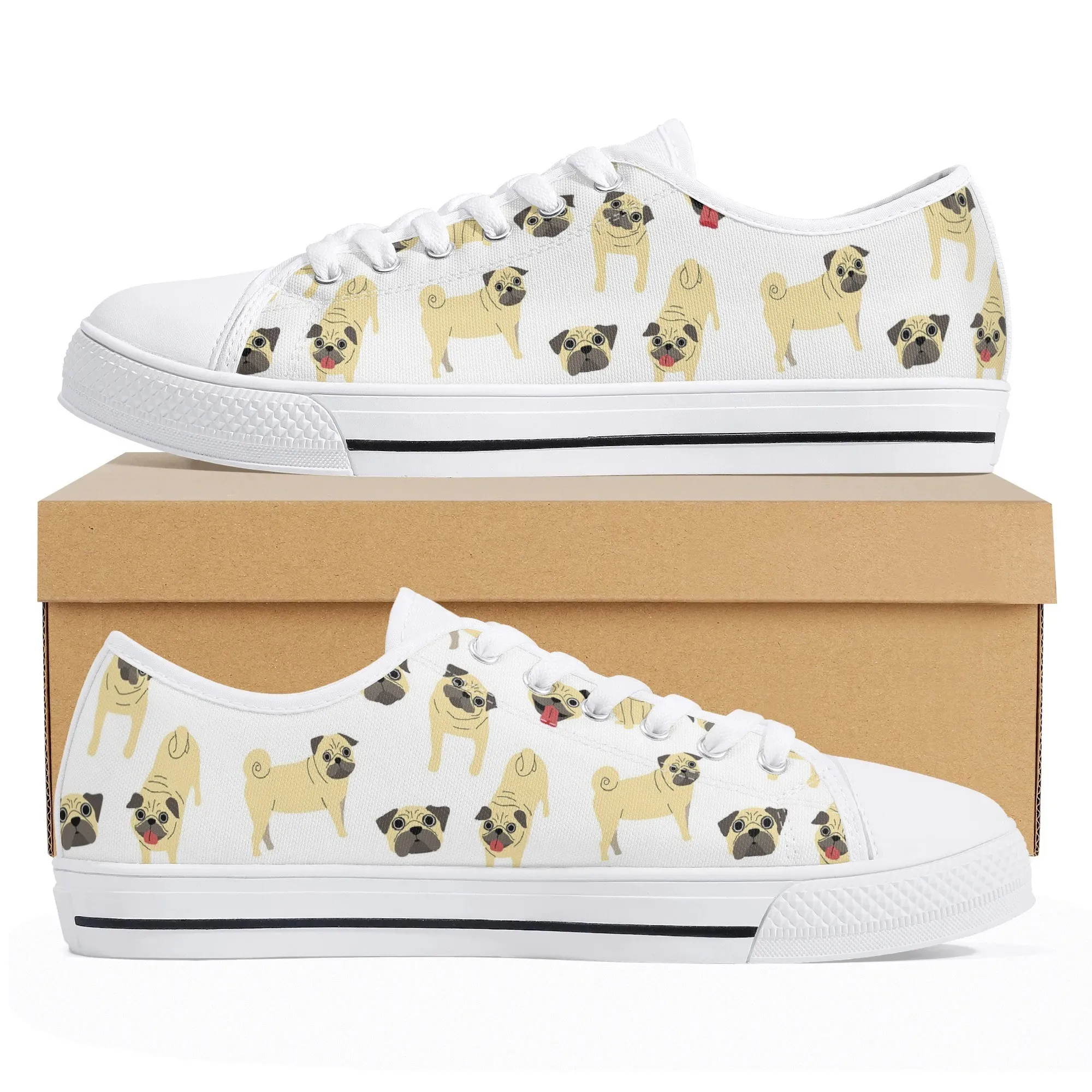 Custom Pug Print Canvas Shoes, Women's Low Top Fawn Puppy Sneakers, Funny Dog Christmas Gift, Brachycephalic Breed Casual Unisex Shoe