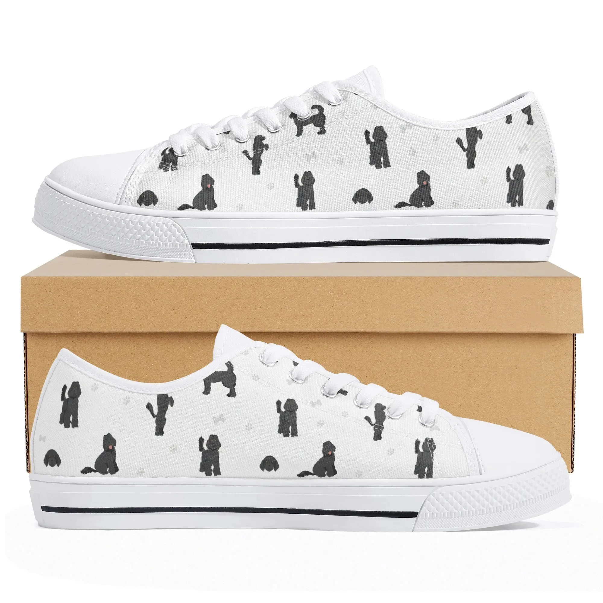 Black Poodle Silhouette Canvas Shoes, Women's Low Top Black Dog Trainer Gift, Men's Purebred Poodle Sneaker, Custom Animal Pattern Unisex