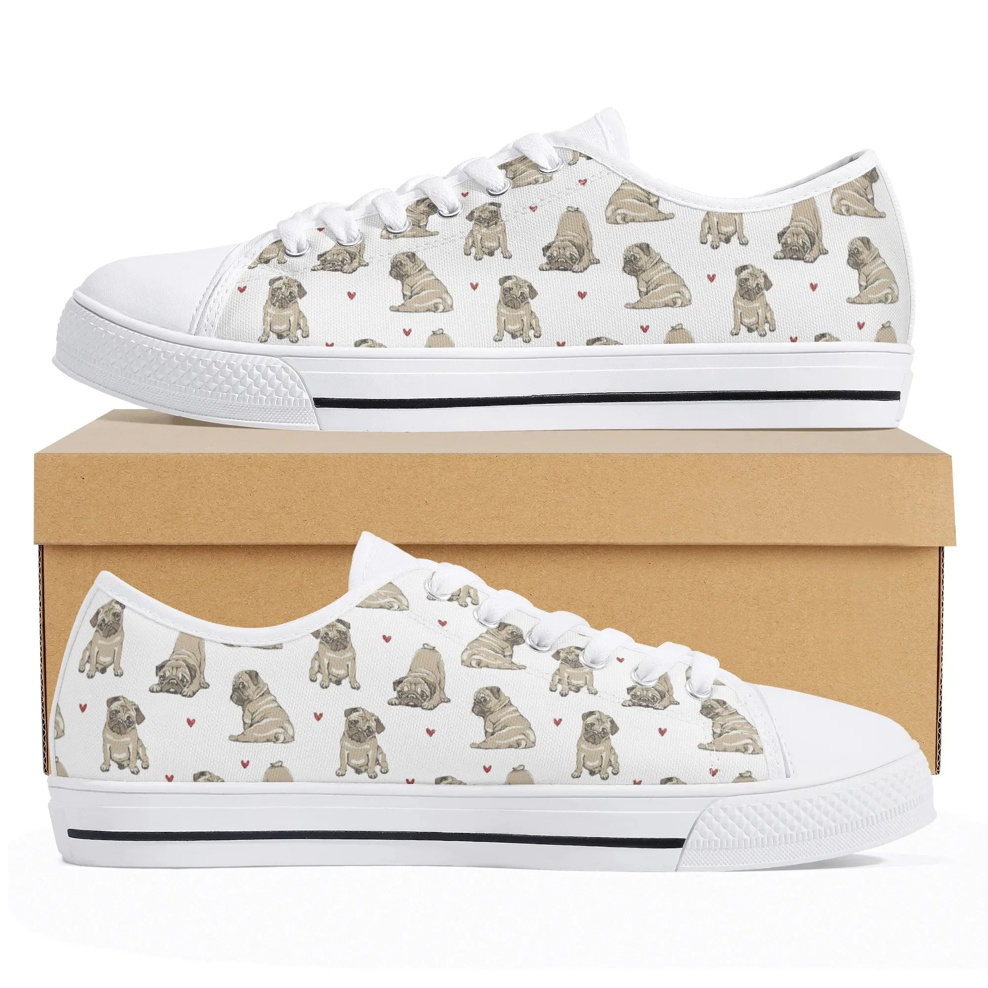 Cute Pug Print Canvas Shoes, Women's Low Top Fawn Puppy Sneakers, Men's Funny Dog Trainer Gift, Red Heart Pattern Casual Unisex Shoe