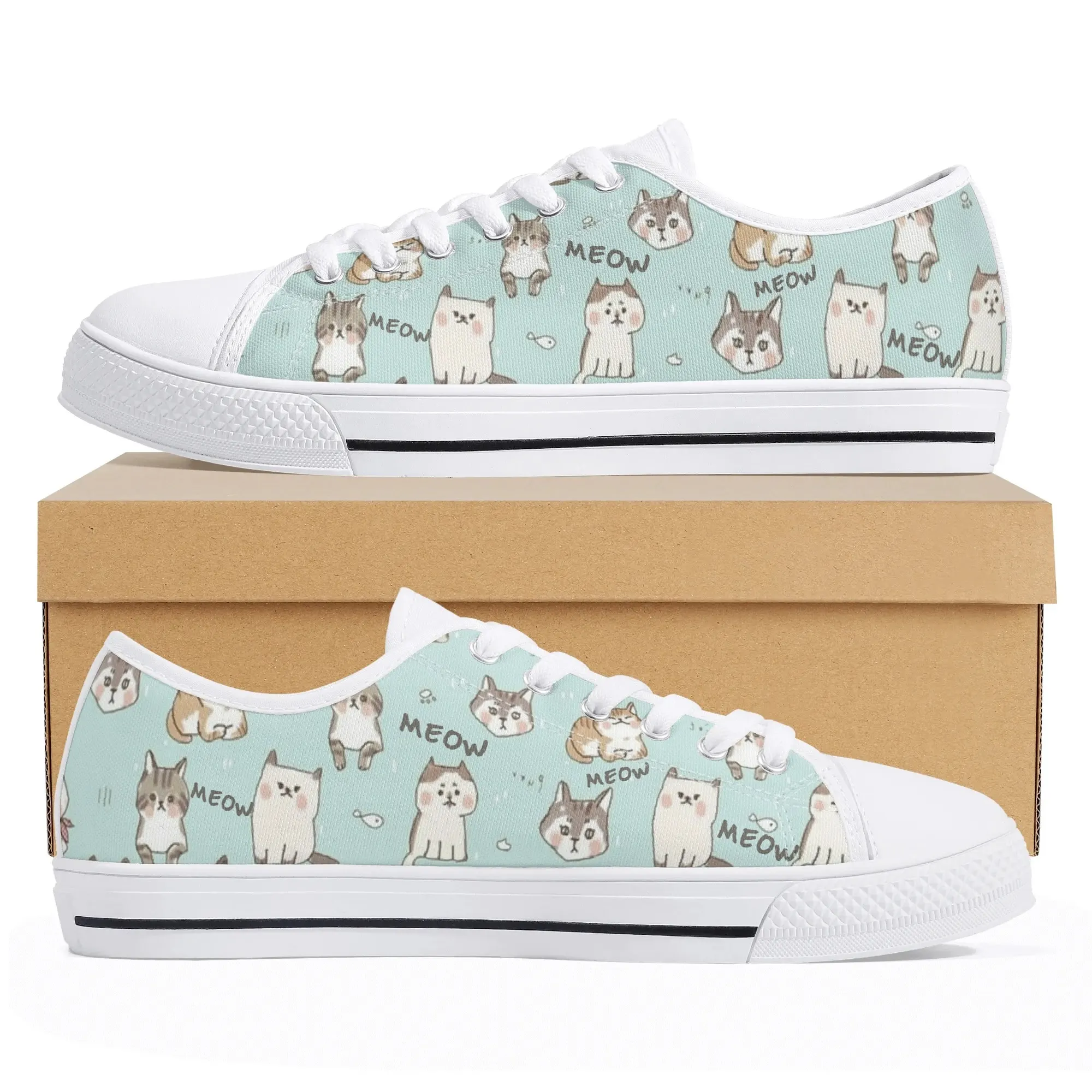 Personalized Cartoon Cat Low Top Sneaker | Custom Name Cute Kitty Canvas Shoes | Unique Cat Mom Pet Owner Gift for Her