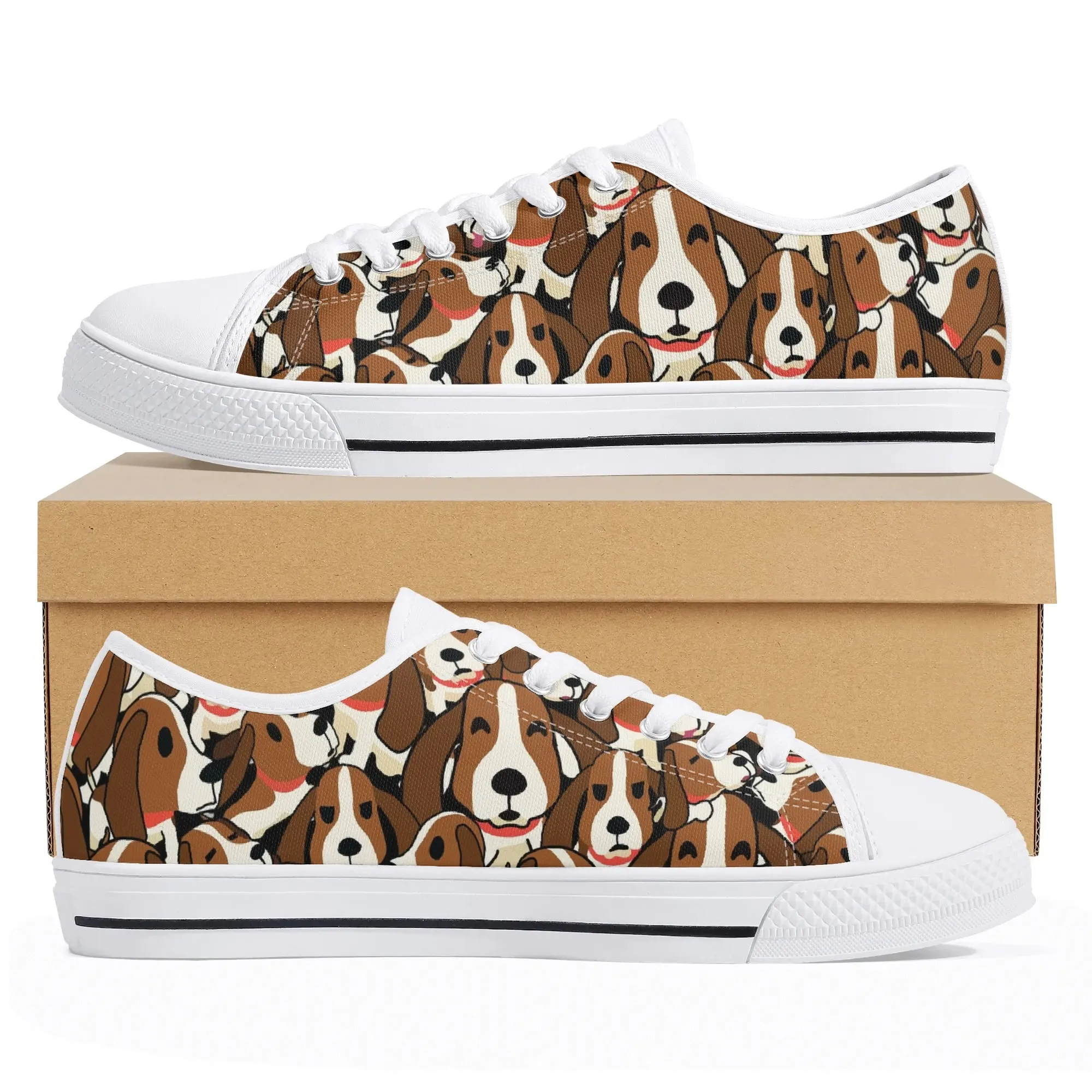 Personalized Cartoon Hound Dog Low Top Sneakers| Custom Name Beagle Puppy Canvas Shoes | Pet Owner Gift | Unisex Footwear