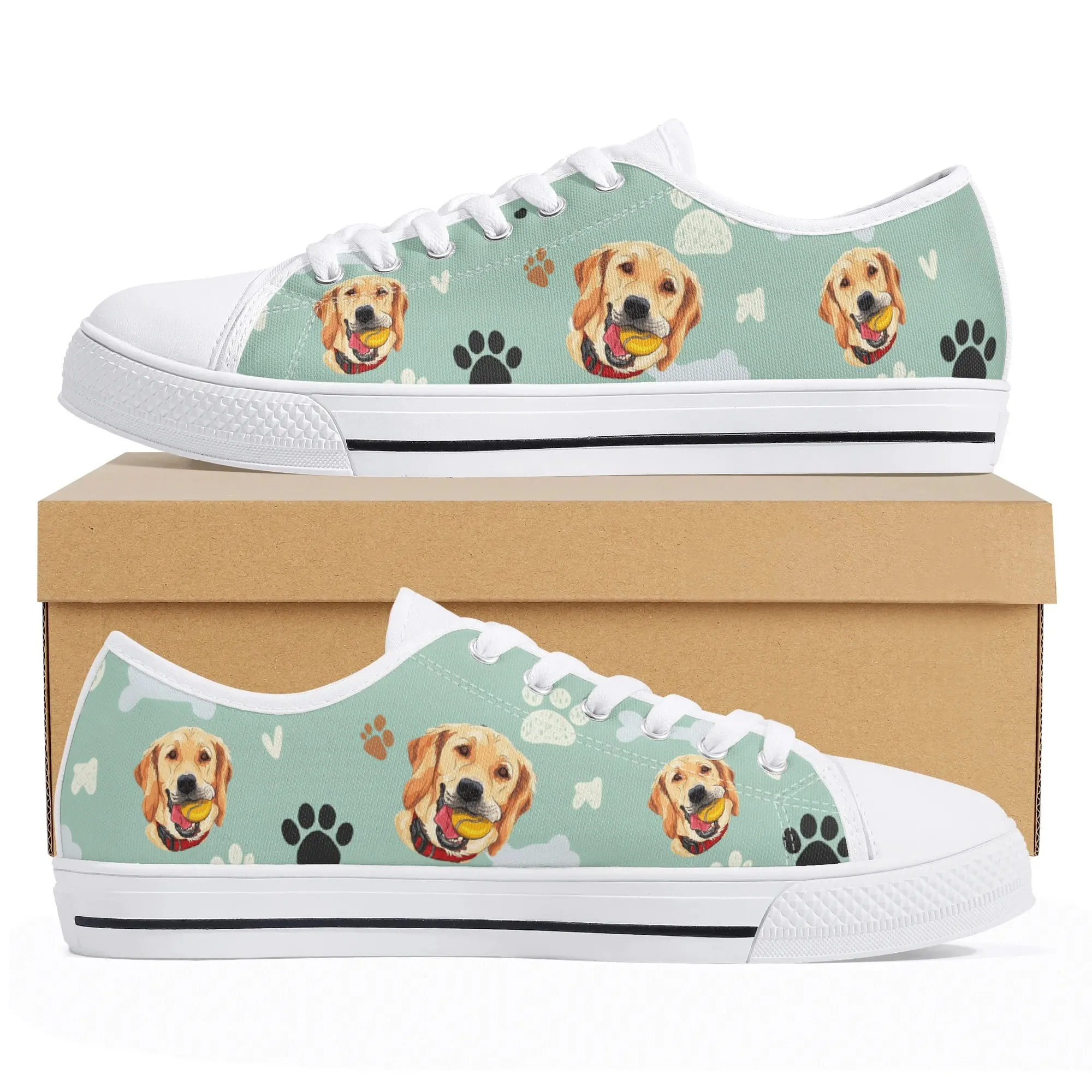 Personalized Golden Retriever Shoes | Custom Name Happy Dog Face Low Top Canvas Sneakers | Dog Mom Pet Owner Gift for Her