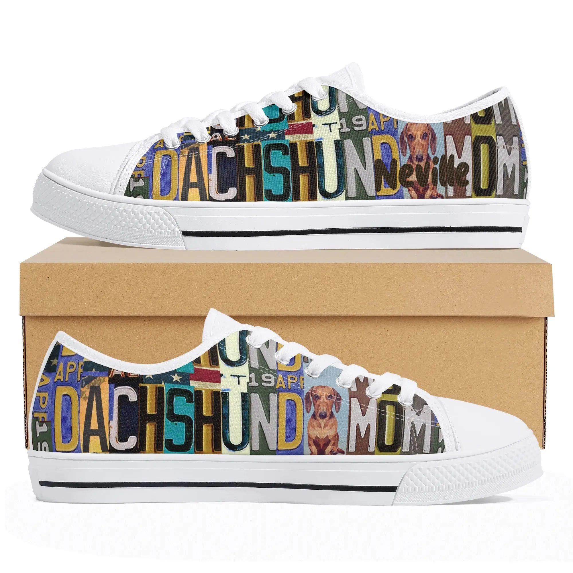 Dachshund Mom License Plate Low Top Canvas Shoes, Wiener Dog Lover Platform Sneaker, Cute Doxie Owner Gift, Sausage Dog Footwear