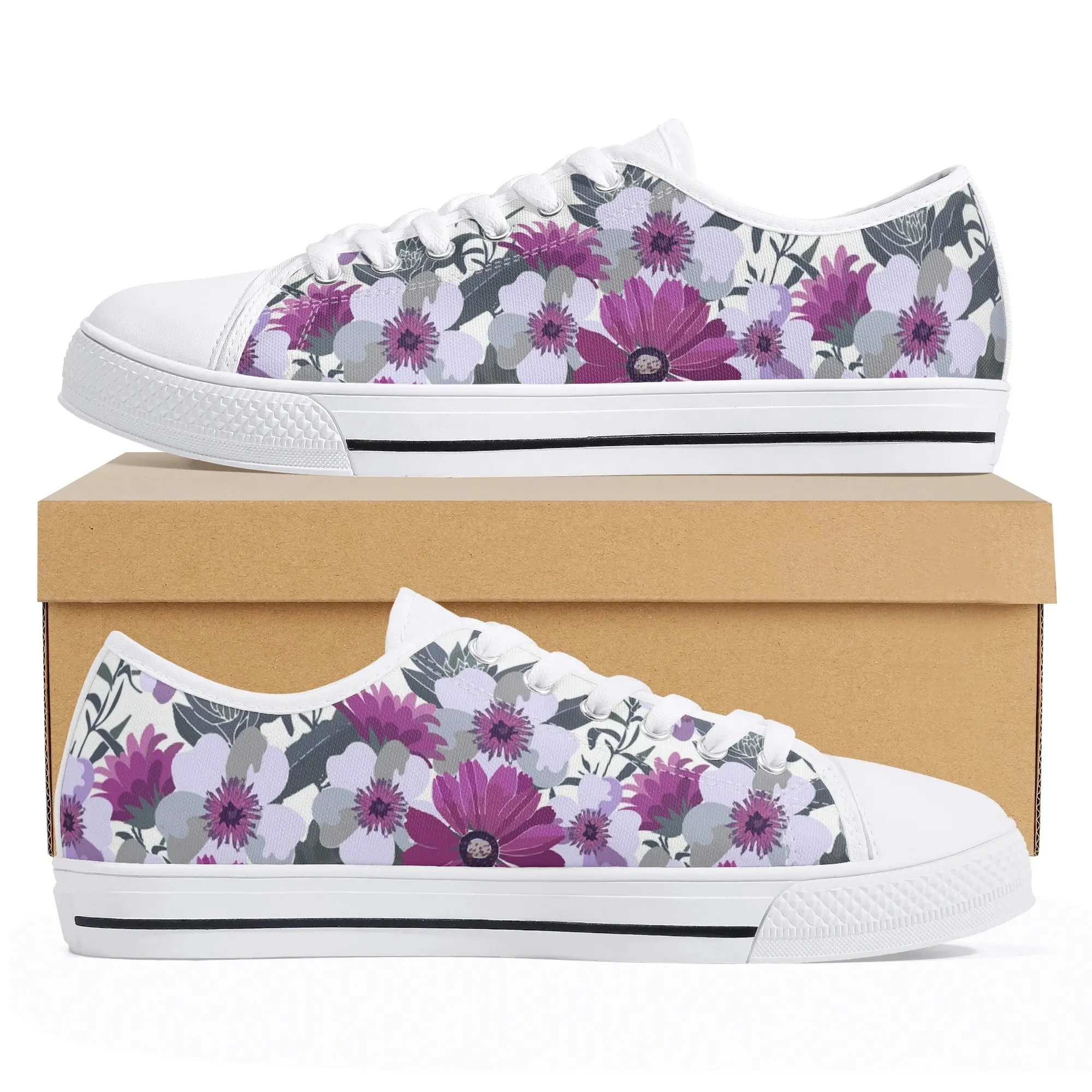 Purple Floral Print Canvas Shoes for Women, Magenta & Lavender Flower Low Tops, Aesthetic Garden Botanical Sneakers, Summer Gift for Her