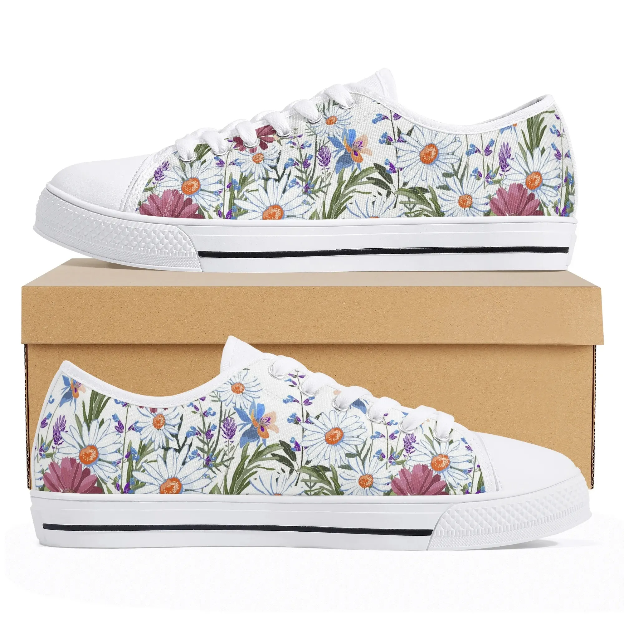 Wildflower Daisy Low Top Canvas Shoes, Cottagecore Garden Aesthetic Sneakers, White Floral Print Shoe, Spring Summer Footwear Gift
