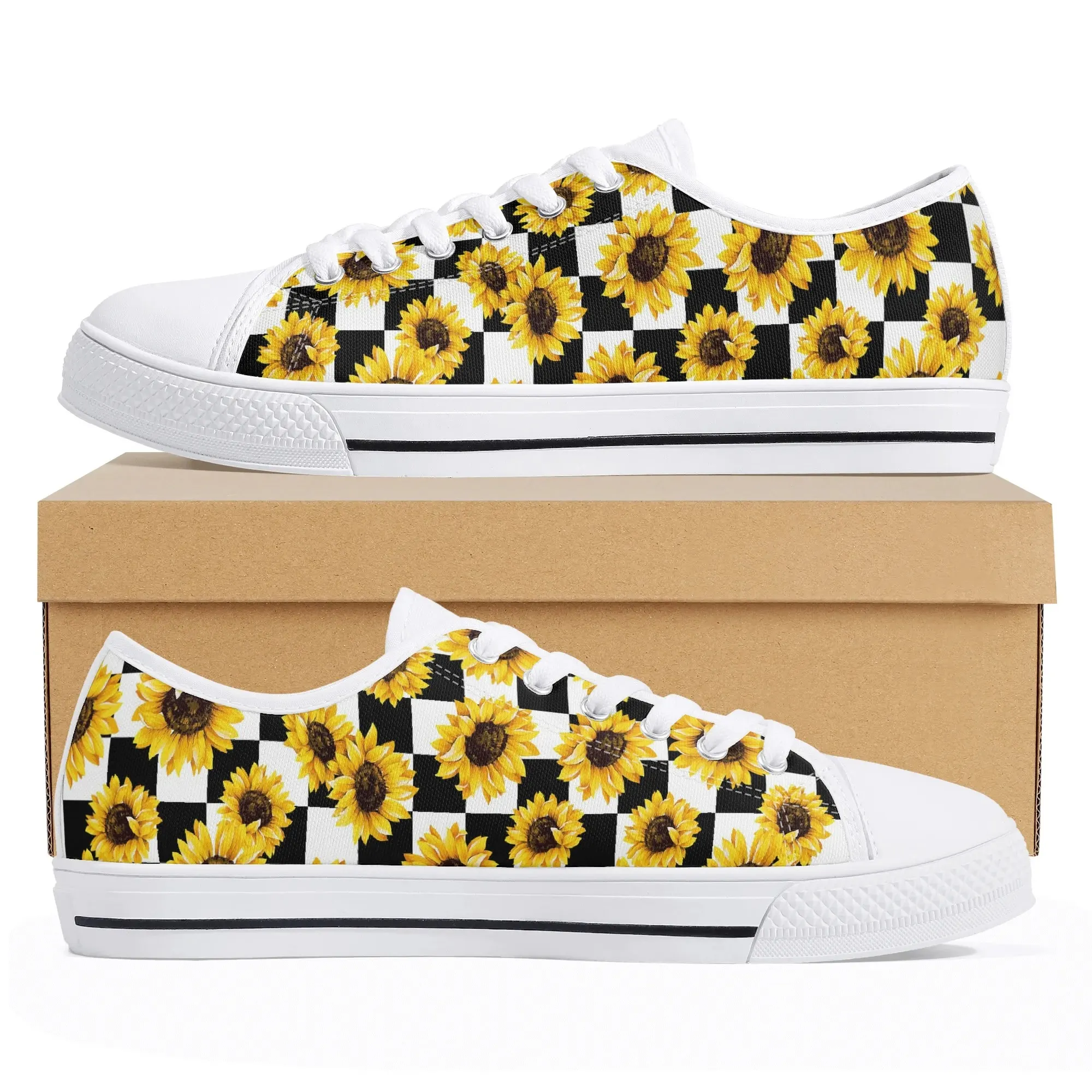 Sunflower Checkerboard Canvas Shoes, Black & White Low Top Sneakers, Summer Cottagecore Aesthetic Footwear Gift for Her