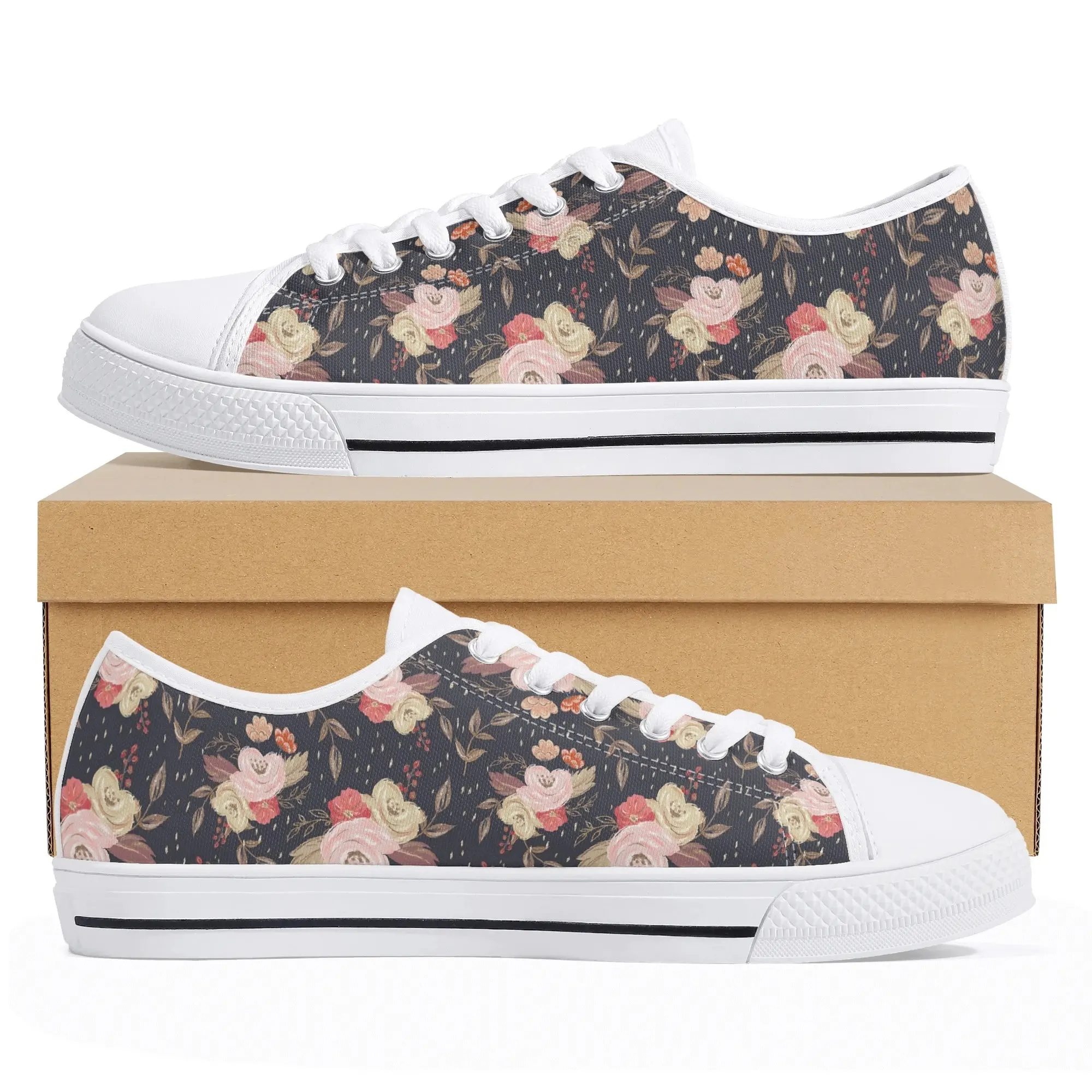Dark Floral Rose Low Top Canvas Shoes, Moody Botanical Print Sneakers, Aesthetic Platform Footwear, Autumn Winter Unique Gift for Her