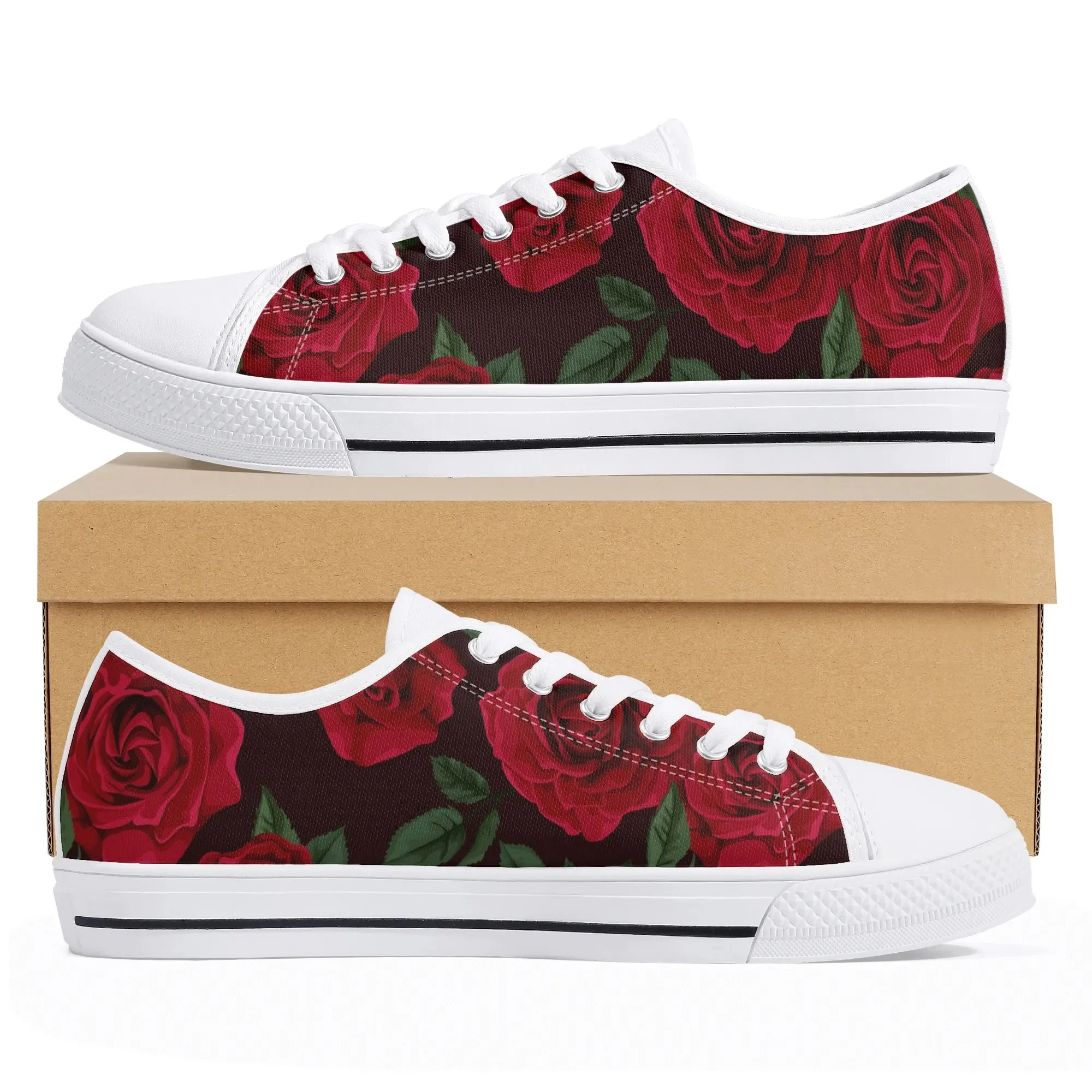 Deep Red Rose Low Top Canvas Shoes, Moody Botanical Platform Sneakers, Gothic Romance Footwear, Unique Valentine's Day Gift for Her
