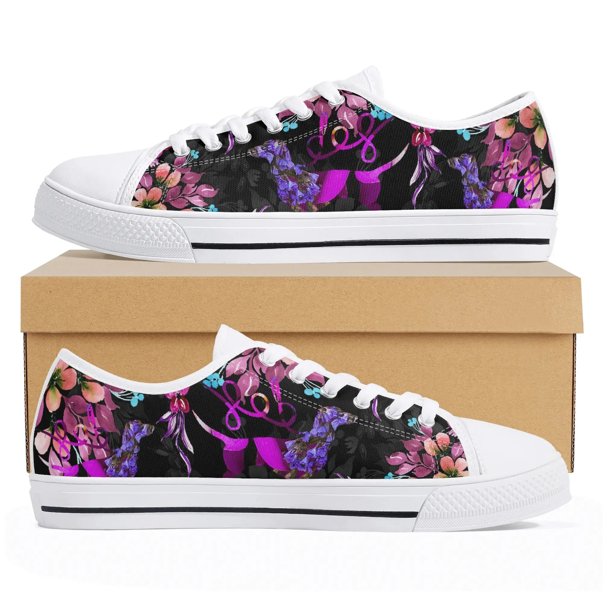 Dark Floral Dog Low Top Canvas Shoes, Gothic Pet Lover Platform Sneakers, Pink Purple Abstract Flower & Dog Silhouette Footwear for Her