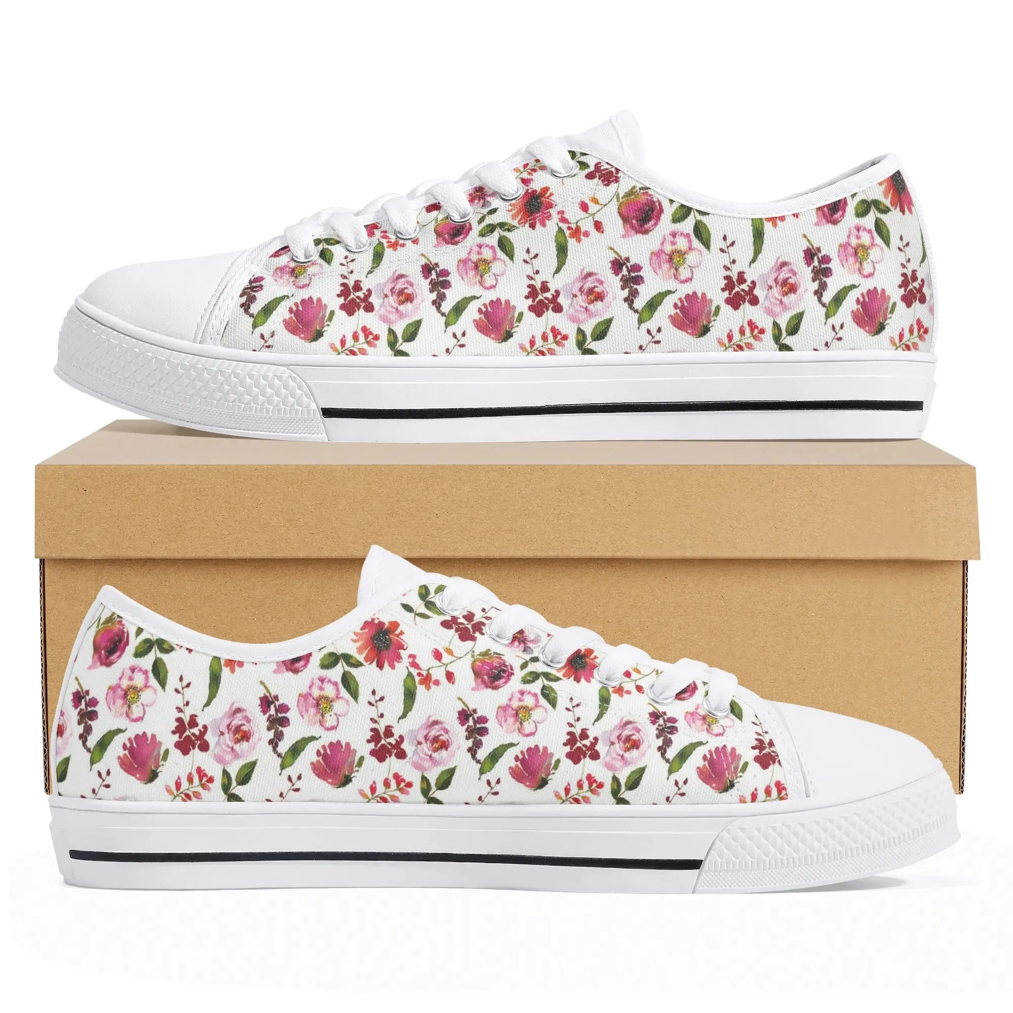 Pink Rose Floral Low Top Canvas Shoes, Watercolor Small Flower Platform Sneakers, Feminine Spring Summer Aesthetic Footwear
