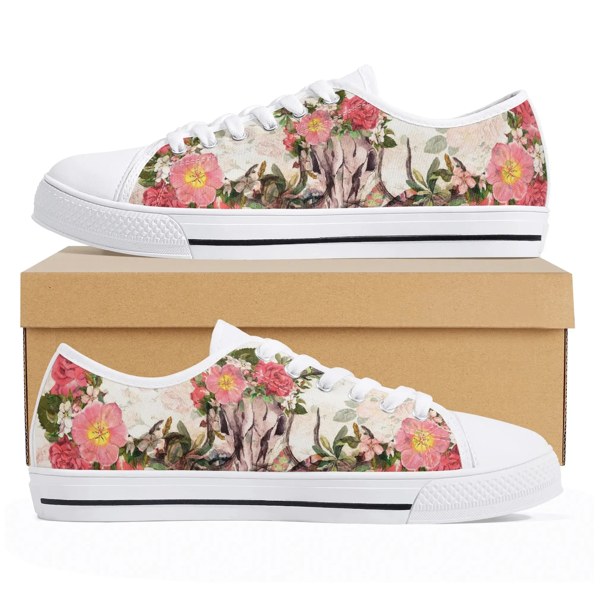 Boho Cow Skull Floral Low Top Canvas Shoes, Western Goth Aesthetic Platform Sneakers, Pink Rose Bull Skull Footwear Gift