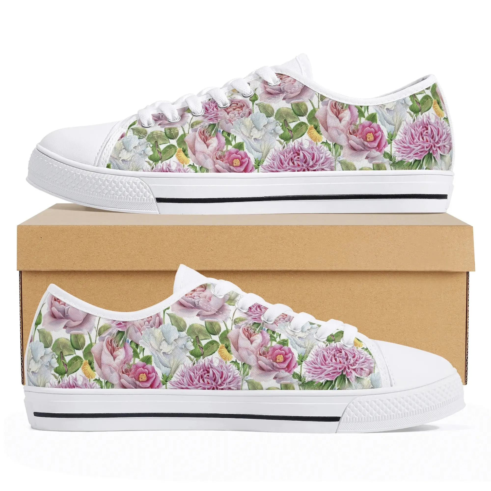 Pastel Pink Rose Low Top Canvas Shoes, Light Floral Peony Aesthetic Sneakers, Romantic Spring Summer Platform Footwear Gift for Girlfriend