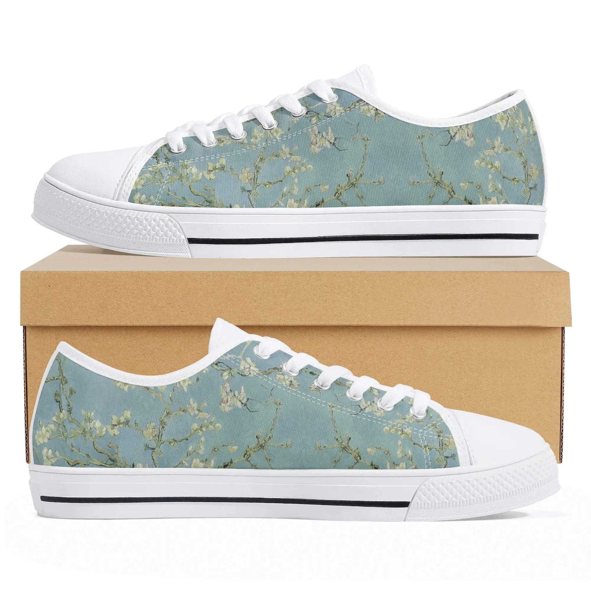 Van Gogh Almond Blossoms Canvas Shoes, Women Low Top Sneakers, Light Blue Art Print Footwear, Aesthetic Spring Gift for Her