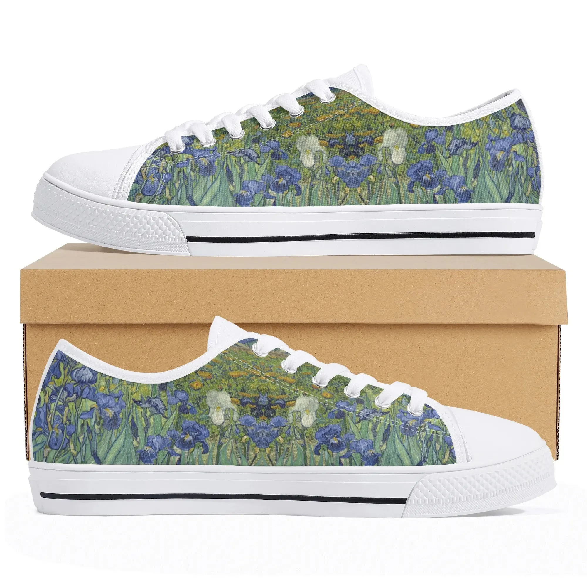 Van Gogh Irises Low Top Canvas Shoes, Artistic Blue Flower Platform Sneakers, Post Impressionism Aesthetic Footwear, Art Lover Gift